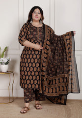 Plus Size Black Cotton Printed Kurta Pant Set with Dupatta-200089