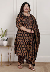 Plus Size Black Cotton Printed Kurta Pant Set with Dupatta-200089