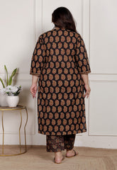 Plus Size Black Cotton Printed Kurta Pant Set with Dupatta-200089