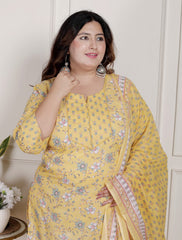 Plus Size Yellow Cotton Printed Kurta Pant Set with Dupatta-200090