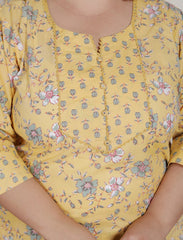 Plus Size Yellow Cotton Printed Kurta Pant Set with Dupatta-200090