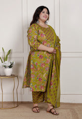 Plus Size Green Cotton Printed Kurta Pant Set with Dupatta-200091