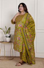 Plus Size Green Cotton Printed Kurta Pant Set with Dupatta-200091