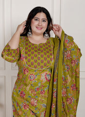 Plus Size Green Cotton Printed Kurta Pant Set with Dupatta-200091