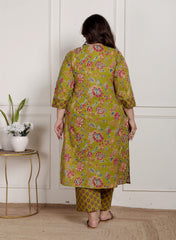 Plus Size Green Cotton Printed Kurta Pant Set with Dupatta-200091