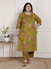 Plus Size Green Cotton Printed Kurta Pant Set with Dupatta-200091