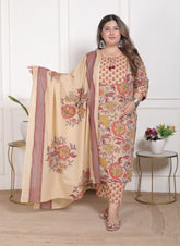 Plus Size Beige Cotton Printed Kurta Pant Set with Dupatta-200095