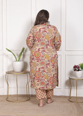 Plus Size Beige Cotton Printed Kurta Pant Set with Dupatta-200095
