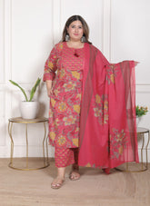 Plus Size Onion Cotton Printed Kurta Pant Set with Dupatta-200096
