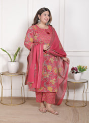 Plus Size Onion Cotton Printed Kurta Pant Set with Dupatta-200096