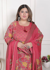 Plus Size Onion Cotton Printed Kurta Pant Set with Dupatta-200096