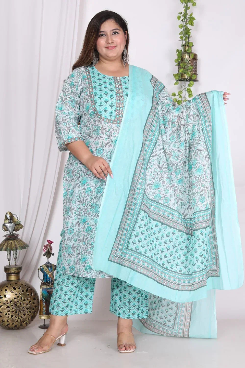 Sky Blue Cotton Kurta Set with Dupatta Mirror Work – Anarkali Style main image 1