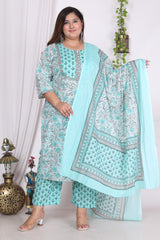 Plus Size Sky Blue Cotton Printed Kurta Pant Set with Dupatta-720