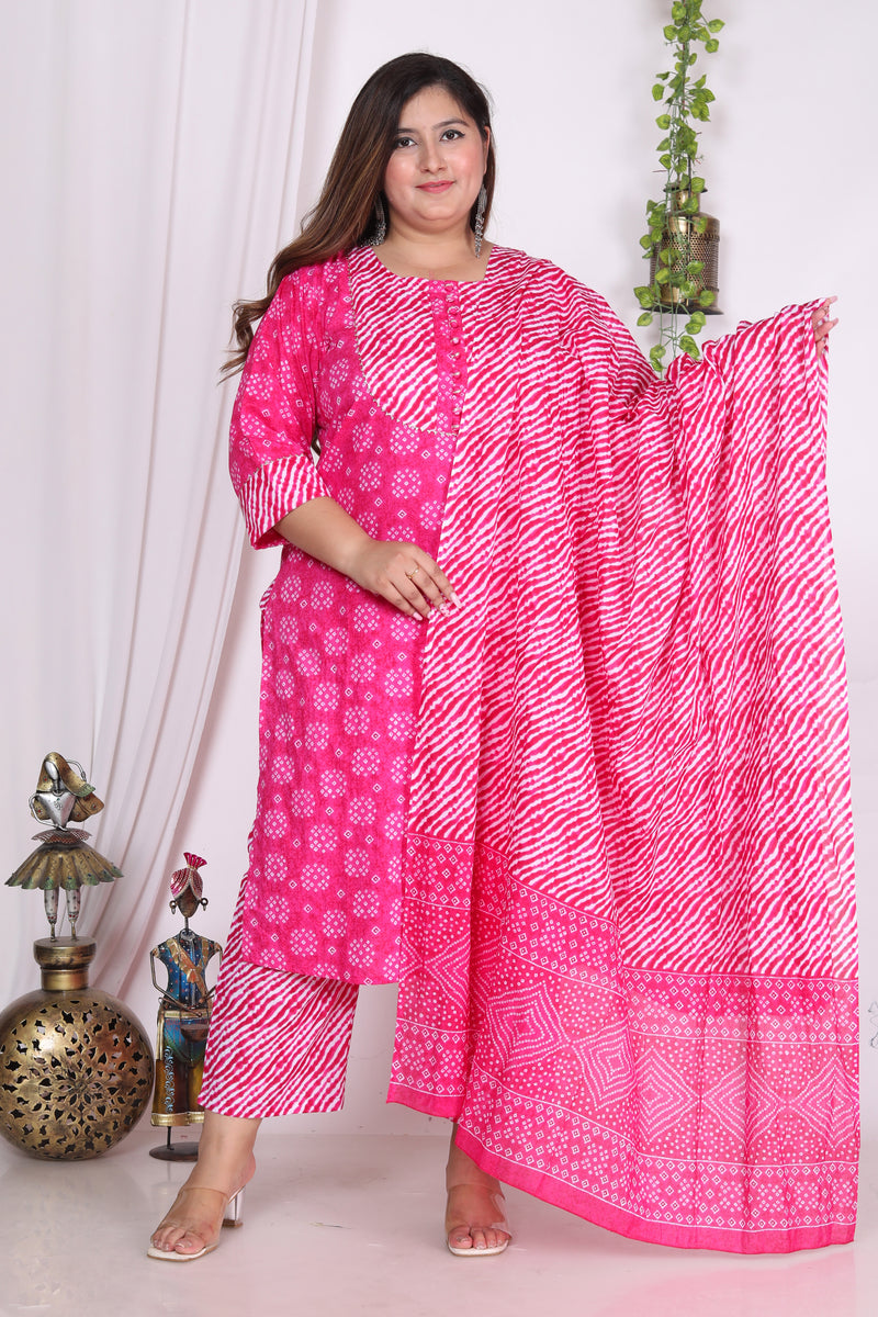 Plus Size Pink Cotton Kurta Pant Set With Dupatta 200721 Swasti Clothing