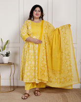 Plus Size Yellow Anarkali Cotton Printed Flared Kurta Pant Set with Dupatta-2100001