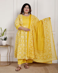Plus Size Yellow Anarkali Cotton Printed Flared Kurta Pant Set with Dupatta-2100001