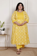 Plus Size Yellow Anarkali Cotton Printed Flared Kurta Pant Set with Dupatta-2100001