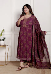 Plus Size Purple Anarkali Cotton Printed Flared Kurta Pant Set with Dupatta-2100002