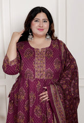 Plus Size Purple Anarkali Cotton Printed Flared Kurta Pant Set with Dupatta-2100002