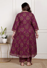 Plus Size Purple Anarkali Cotton Printed Flared Kurta Pant Set with Dupatta-2100002