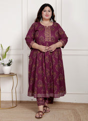 Plus Size Purple Anarkali Cotton Printed Flared Kurta Pant Set with Dupatta-2100002