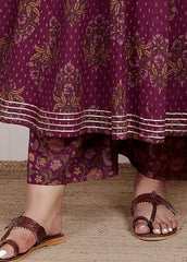 Plus Size Purple Anarkali Cotton Printed Flared Kurta Pant Set with Dupatta-2100002
