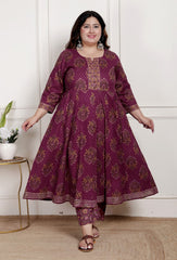 Plus Size Purple Anarkali Cotton Printed Flared Kurta Pant Set with Dupatta-2100002
