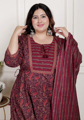Plus Size Maroon Anarkali Cotton Printed Flared Kurta Pant Set with Dupatta-2100003