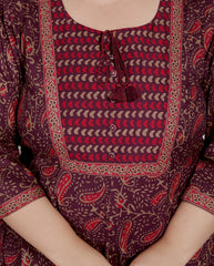 Plus Size Maroon Anarkali Cotton Printed Flared Kurta Pant Set with Dupatta-2100003