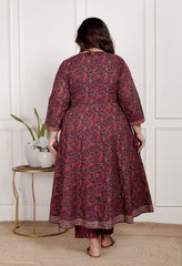 Plus Size Maroon Anarkali Cotton Printed Flared Kurta Pant Set with Dupatta-2100003