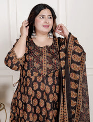 Plus Size Black Anarkali Cotton Printed Flared Kurta Pant Set with Dupatta-2100004