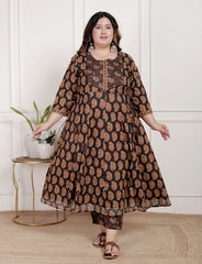 Plus Size Black Anarkali Cotton Printed Flared Kurta Pant Set with Dupatta-2100004