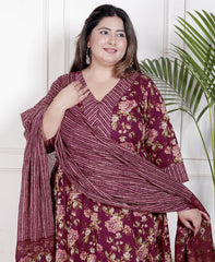 Plus Size Maroon Anarkali Cotton Printed Flared Kurta Pant Set with Dupatta-210006