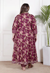 Plus Size Maroon Anarkali Cotton Printed Flared Kurta Pant Set with Dupatta-210006