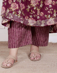Plus Size Maroon Anarkali Cotton Printed Flared Kurta Pant Set with Dupatta-210006