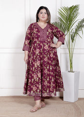 Plus Size Maroon Anarkali Cotton Printed Flared Kurta Pant Set with Dupatta-210006