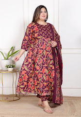Plus Size Purple Anarkali Cotton Printed Flared Kurta Pant Set with Dupatta-210007