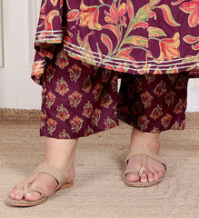 Plus Size Purple Anarkali Cotton Printed Flared Kurta Pant Set with Dupatta-210007