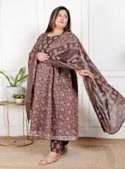 Plus Size Brown Anarkali Cotton Printed Flared Kurta Pant Set with Dupatta-210009