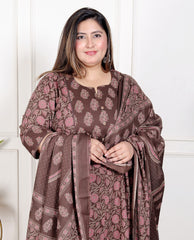 Plus Size Brown Anarkali Cotton Printed Flared Kurta Pant Set with Dupatta-210009