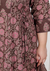 Plus Size Brown Anarkali Cotton Printed Flared Kurta Pant Set with Dupatta-210009