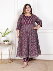 Plus Size Purple Anarkali Cotton Printed Flared Kurta Pant Set with Dupatta-210011