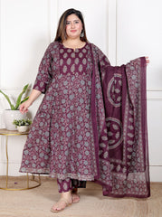 Plus Size Purple Anarkali Cotton Printed Flared Kurta Pant Set with Dupatta-210011