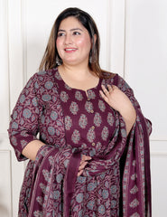 Plus Size Purple Anarkali Cotton Printed Flared Kurta Pant Set with Dupatta-210011