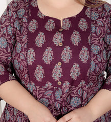 Plus Size Purple Anarkali Cotton Printed Flared Kurta Pant Set with Dupatta-210011