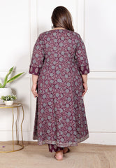 Plus Size Purple Anarkali Cotton Printed Flared Kurta Pant Set with Dupatta-210011