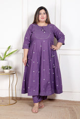 Plus Size Purple Anarkali Cotton Printed Flared Kurta Pant Set with Dupatta-210013