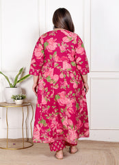 Plus Size Pink Anarkali Cotton Printed Flared Kurta Pant Set with Dupatta-210014