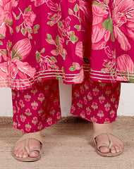 Plus Size Pink Anarkali Cotton Printed Flared Kurta Pant Set with Dupatta-210014