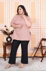 Plus Size Pink Cotton Printed Short Kurta-300006